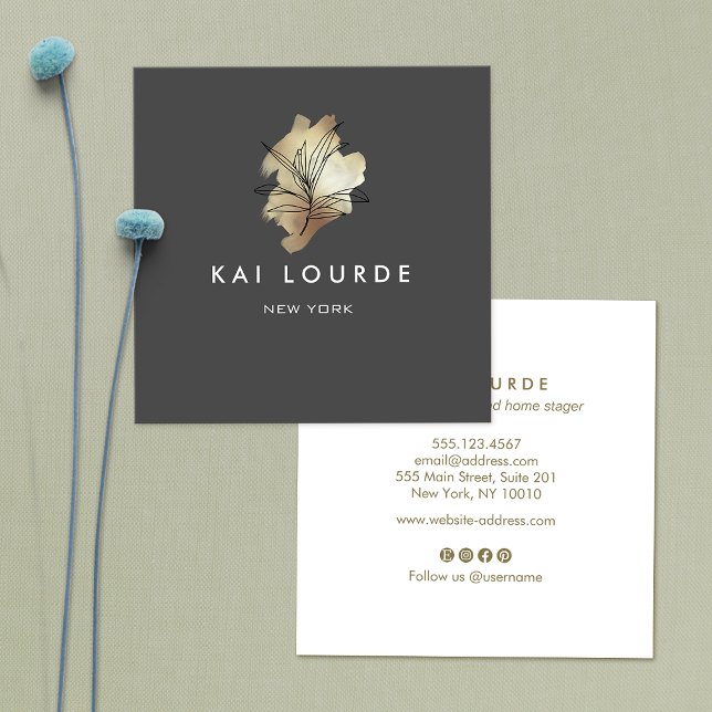 Gold Watercolor Plant Dark Gray  Business Card (Creator Uploaded)