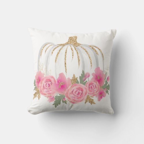 Gold Watercolor Pumpkin Pink Floral Throw Pillow