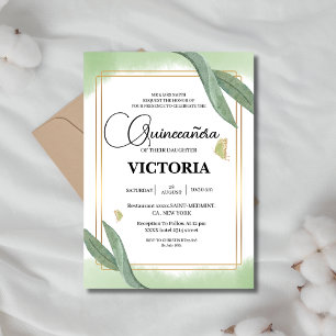 gold Watercolor Sage green butterfly Quinceanera Invitation
