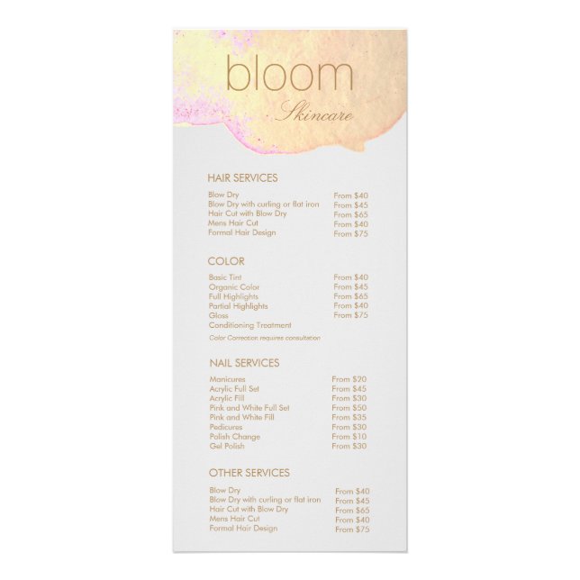 Gold Watercolor Salon  Price List Service Menu (Front)
