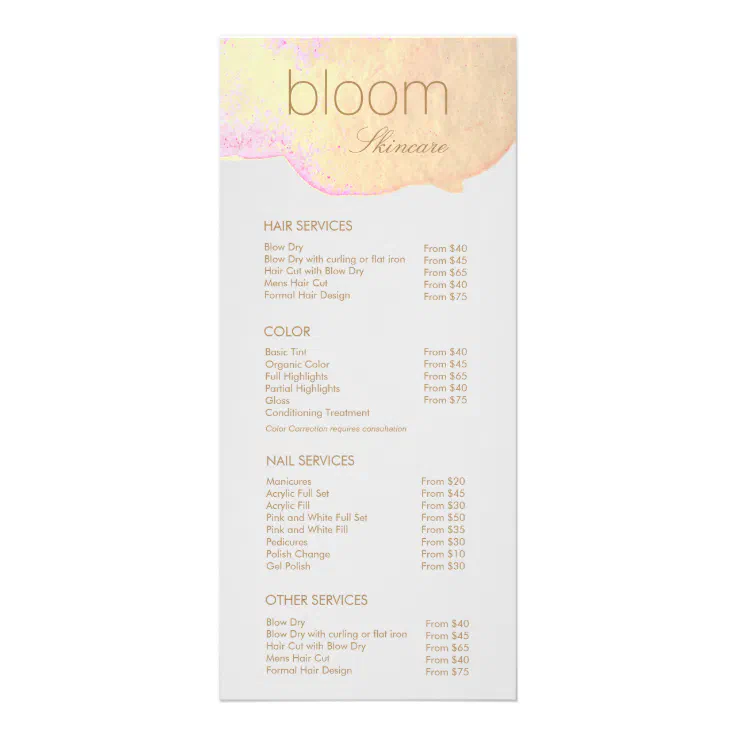 Gold Watercolor Salon Price List Service Menu Zazzle