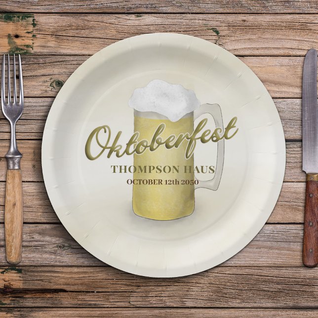 Gold Watercolor Simple Oktoberfest Beer 7" Paper Plates (Gold watercolor paper plate with Oktoberfest typography.)