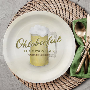 Gold Watercolor Simple Oktoberfest Beer 9" Paper Plates