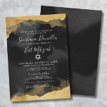 Gold Watercolor Star Of David Mitzvah Invitation<br><div class="desc">This elegant Bat Mitzvah invitation features a black background with faux gold watercolor or alcohol ink framing the top and bottom. The design showcases a mix of script typography and classic serif fonts, creating a simple yet sophisticated look. At the center, a Star of David adds a meaningful touch to...</div>
