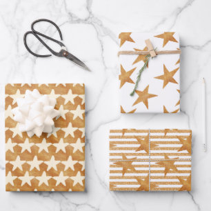 Gold Watercolor Stars Christmas Wrapping Paper Sheets