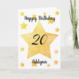 Gold Watercolor Stars Happy 20th Birthday Card