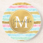 Gold Watercolor Stripes Monogram Coaster