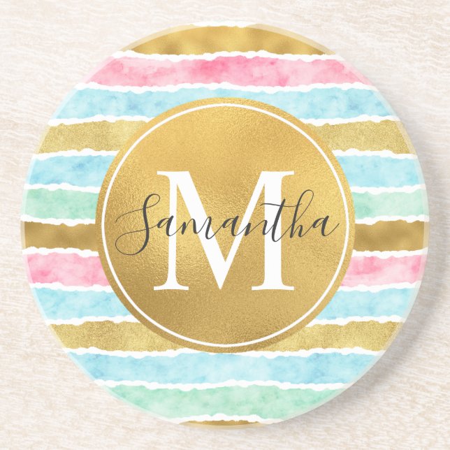 Gold Watercolor Stripes Monogram Coaster (Front)