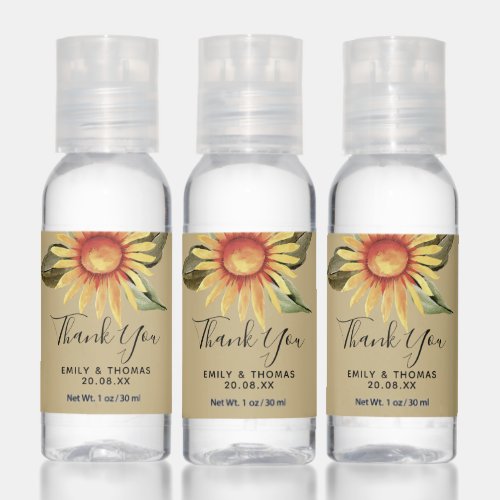 Gold  Watercolor Sunflower Wedding Thank You Hand Sanitizer