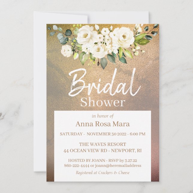 *~* Gold Watercolor White Rose Bridal Shower Invitation (Front)
