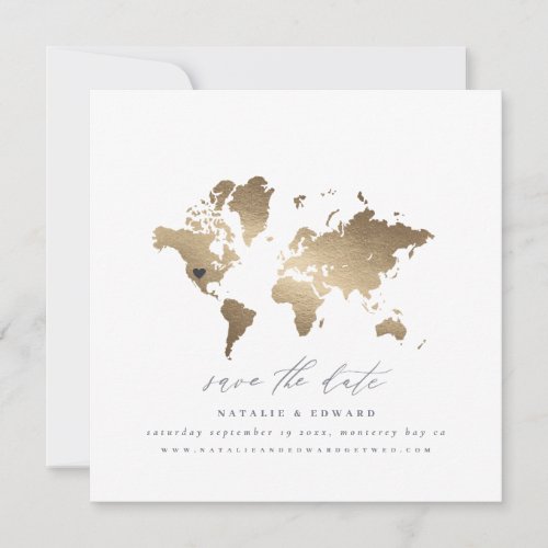 Gold watercolor world map wedding announcement