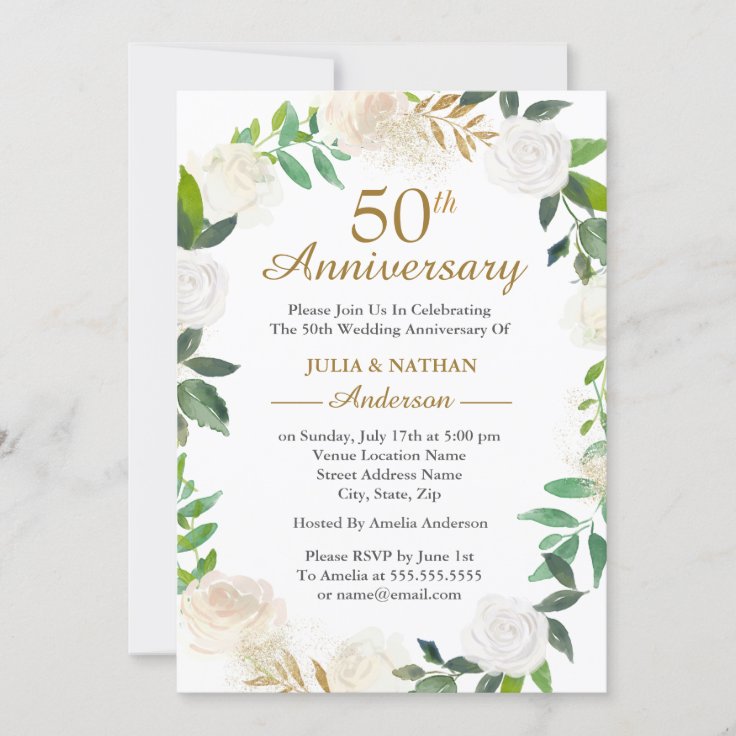 Gold Watercolor Wreath 50th Wedding Anniversary Invitation | Zazzle