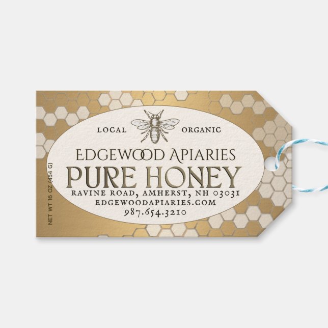 Gold Waterproof Honey Label with Honeycomb and Bee (Front (Horizontal))