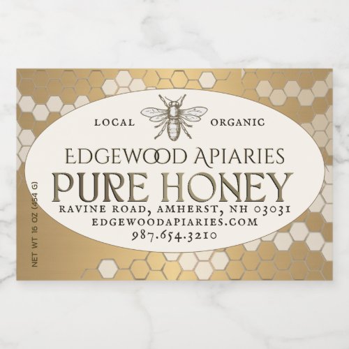 Gold Waterproof Honey Label with Honeycomb and Bee