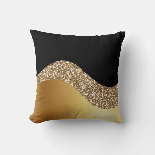 Gold Wave and Glitter on Black Throw Pillow (Front)
