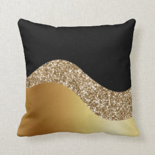 Gold Wave and Glitter on Black Throw Pillow