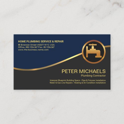 Gold Wave Stylish Blue Grey Layers Plumber Business Card