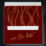Gold Waves Burgundy Red Handwriting Save the Date Envelope<br><div class="desc">Using a modern, casual handwriting font, I created a graphic that reads "save the date" and placed it on the outside, reverse side. This phrase was embellished with a faux gold foil texture. Inside the flap I've placed a coordinating graphic depicting a casual waves pattern that elicits a feeling of...</div>