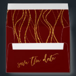Gold Waves Burgundy Red Handwriting Save the Date Envelope<br><div class="desc">Using a modern, casual handwriting font, I created a graphic that reads "save the date" and placed it on the outside, reverse side. This phrase was embellished with a faux gold foil texture. Inside the flap I've placed a coordinating graphic depicting a casual waves pattern that elicits a feeling of...</div>