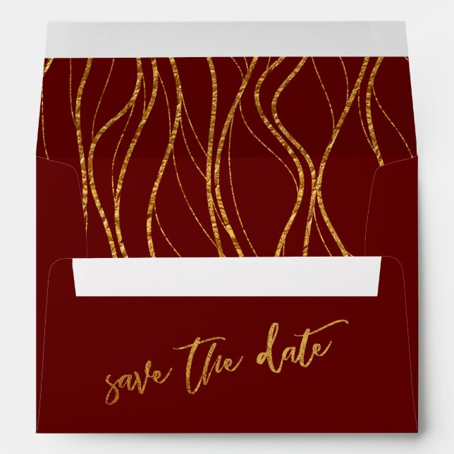 Gold Waves Burgundy Red Handwriting Save the Date Envelope (Back (Bottom))