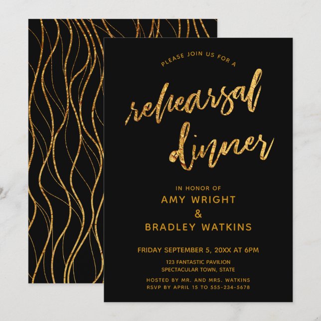 Gold Waves Handwriting Black Rehearsal Dinner Invitation (Front/Back)