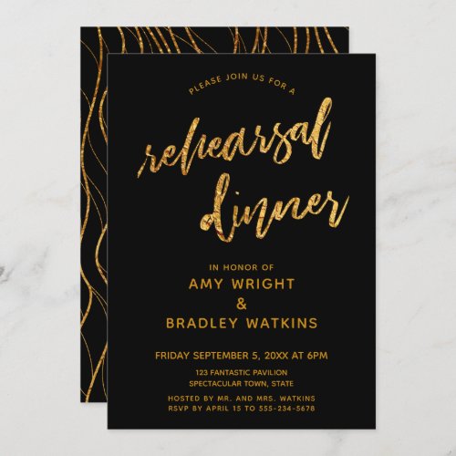 Gold Waves Handwriting Black Rehearsal Dinner Invitation