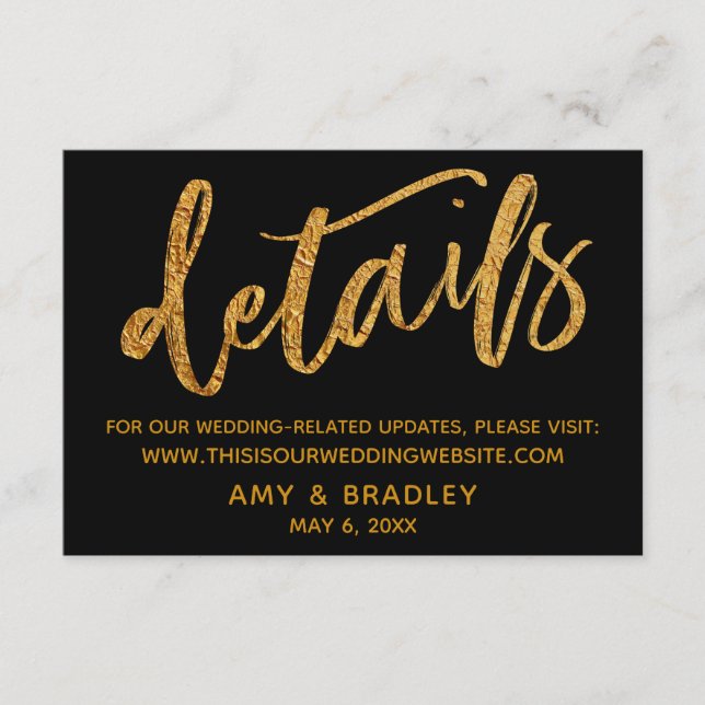 Gold Waves & Handwriting Black Wedding Details Enclosure Card (Front)