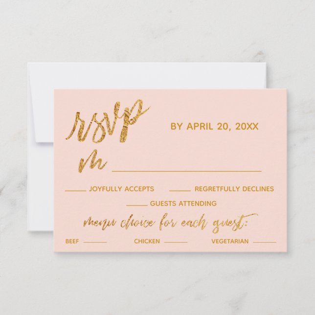 Gold Waves Handwriting Blush Pink Dinner Options RSVP Card (Front)