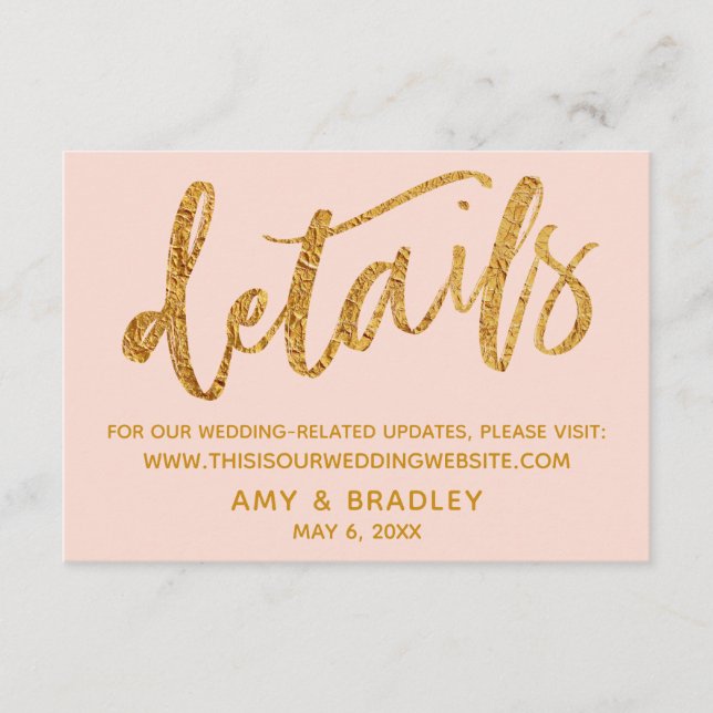 Gold Waves & Handwriting Blush Wedding Details Enclosure Card (Front)
