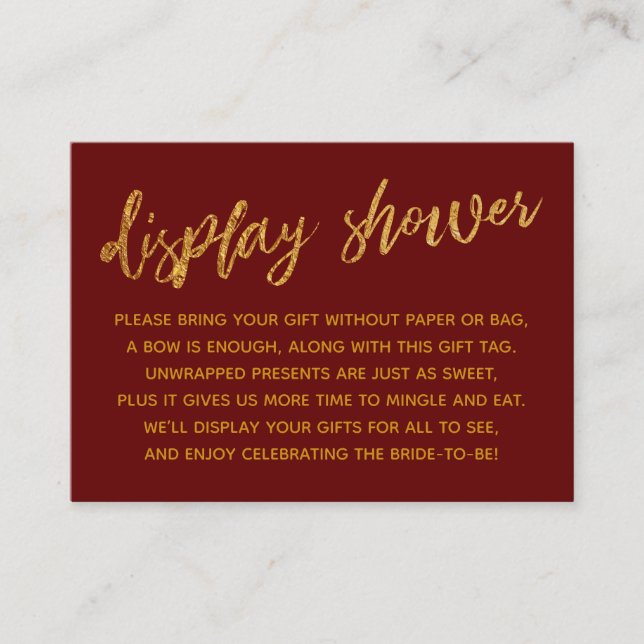 Gold Waves & Handwriting Burgundy Display Shower Enclosure Card (Front)