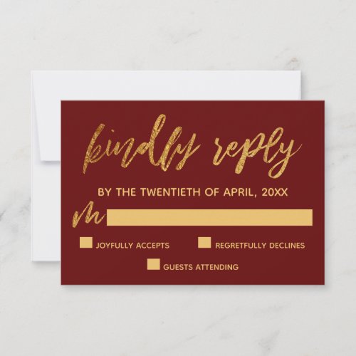 Gold Waves Handwriting Burgundy Kindly Reply RSVP Card