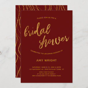 Gold Waves Handwriting Burgundy Red Bridal Shower Invitation