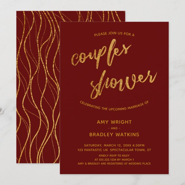 Gold Waves Handwriting Burgundy Red Couples Shower Invitation (Front/Back)