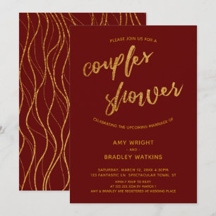 Gold Waves Handwriting Burgundy Red Couples Shower Invitation