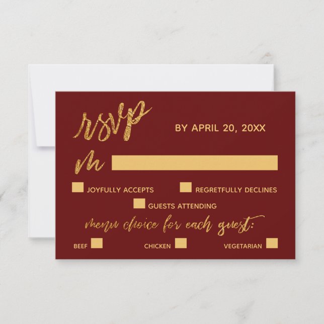 Gold Waves Handwriting Burgundy Red Dinner Options RSVP Card (Front)