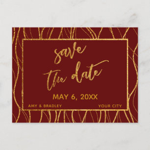Gold Waves Handwriting Burgundy Red Save the Date Announcement Postcard