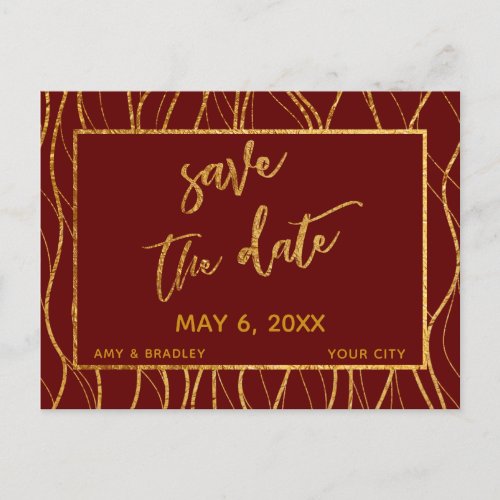 Gold Waves Handwriting Burgundy Red Save the Date Announcement Postcard