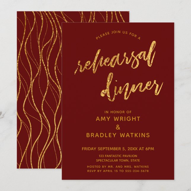 Gold Waves Handwriting Burgundy Rehearsal Dinner Invitation (Front/Back)
