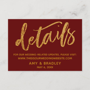 Gold Waves & Handwriting Burgundy Wedding Details Enclosure Card