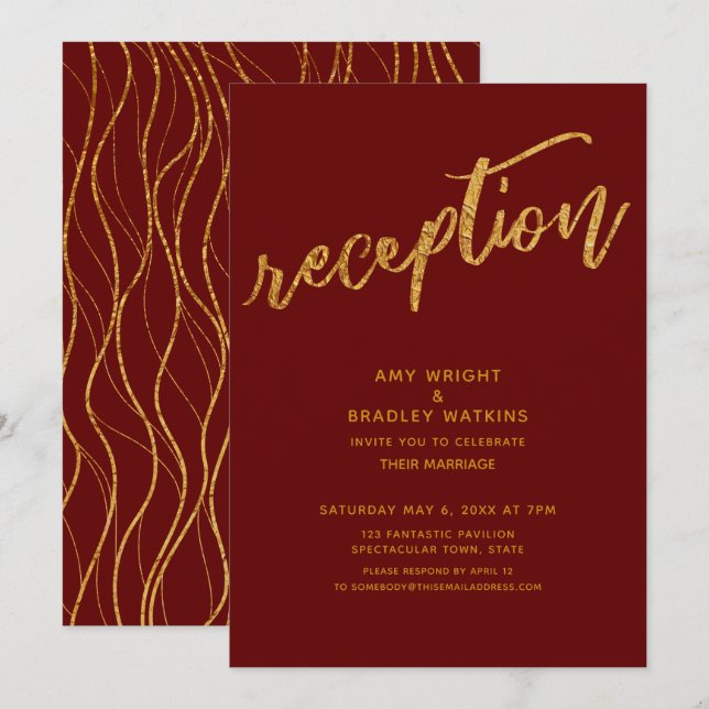 Gold Waves Handwriting Burgundy Wedding Reception Invitation (Front/Back)