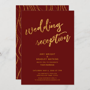 Gold Waves Handwriting Burgundy Wedding Reception Invitation
