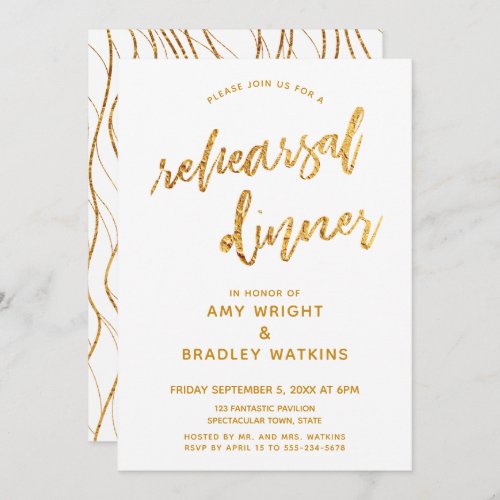 Gold Waves Handwriting White Rehearsal Dinner Invitation