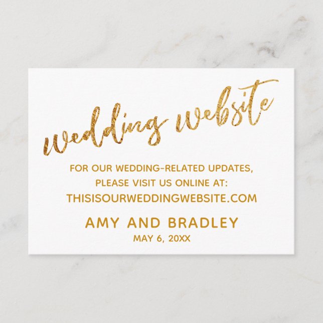 Gold Waves & Handwriting White Wedding Website Enclosure Card (Front)