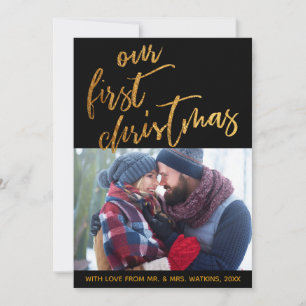 Gold Waves on Black Our First Christmas, Photo Holiday Card