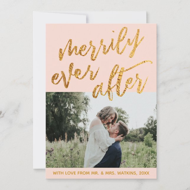 Gold Waves on Blush Pink Merrily Ever After, Photo Holiday Card (Front)