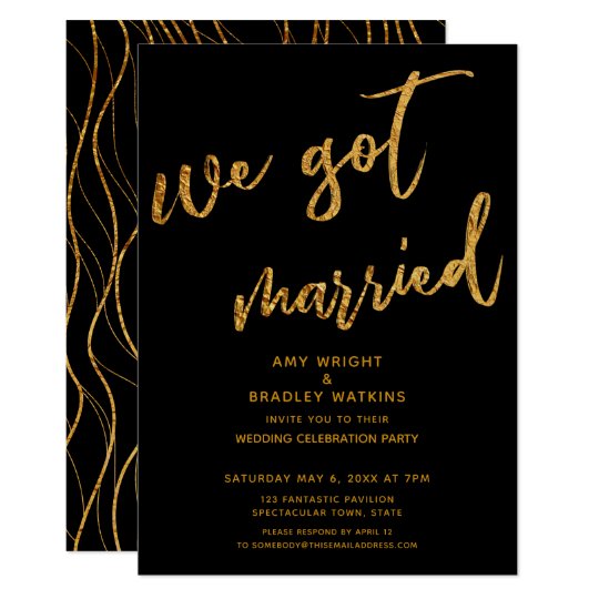 Gold Waves We Got Married Black Wedding Reception Invitation | Zazzle.com