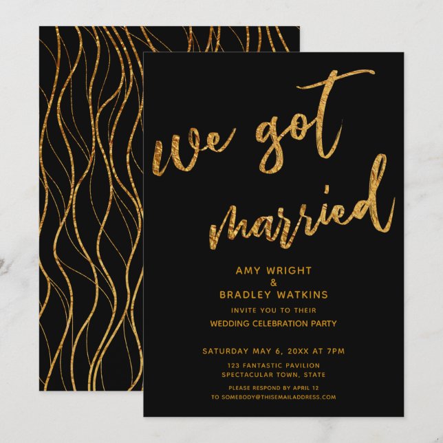 Gold Waves We Got Married Black Wedding Reception Invitation (Front/Back)