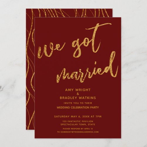 Gold Waves We Got Married Burgundy Red Reception Invitation