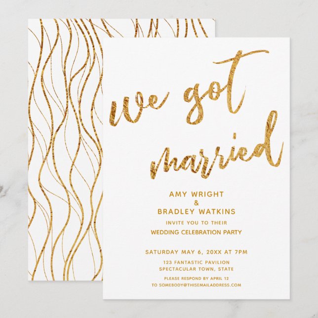 Gold Waves We Got Married White Wedding Reception Invitation (Front/Back)