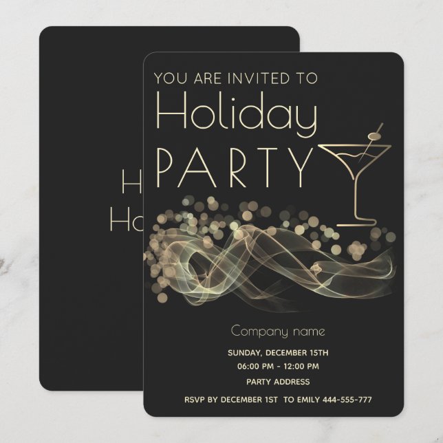 Gold wavy bokeh cocktail corporate Holiday party  Invitation (Front/Back)